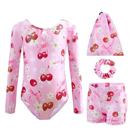 Tstiti Gymnastics Leotards for Girls Long Sleeve Kids Tumbling Gymnastic Outfit Clothes with Shorts Storage Bag - Image 1