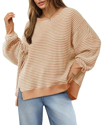 Fisoew Women's Fall Oversized Sweatshirt Casual Waffle Knit Long Sleeve Crewneck Split Pullover Tunic Tops - Image 1