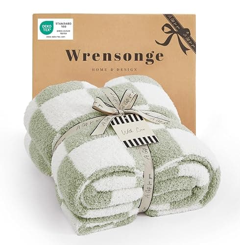 WRENSONGE Checkered Throw Blanket, Sage Green Soft Cozy Fluffy Hand Made Throw Blankets for Couch, Sofa, Chair, Bed, Camping, Picnic, Travel Lightweight Bed Blankets for Women Mothers Birthday Gifts - Image 1