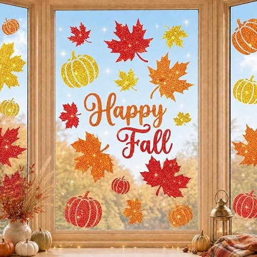 Glitter Fall Window Clings Autumn Thanksgiving Window Stickers Decals Decor | 6 Sheets Window Decals with Sparkling Powder, Happy Fall Decorations for Home Office School Classroom Kids Room Indoor Party - Image 1