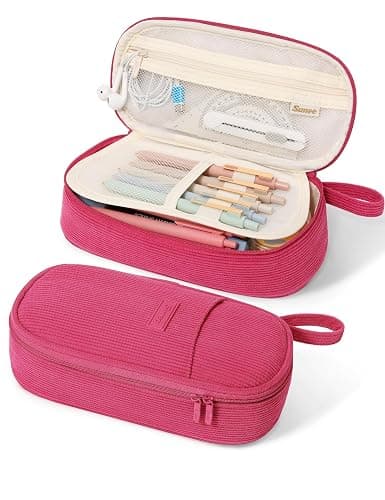 SUNEE Cute Pencil Case, Large Pencil Pouch, Soft Corduroy Fabric Big Pencil Bag with Zipper, Kawaii Pen Bag Stationery Storage and Organizer, School Supplies for Teen, Student, Boys, Girls, Berry Pink - Image 1
