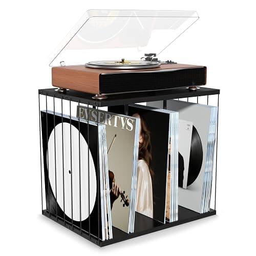 Emfogo Vinyl Record Storage, Metal & Wooden Vinyl Record Holder Up to 80 Album, 3-Compartment Record Player Stand for Magazine, Book, Files, Albums (Black) - Image 1