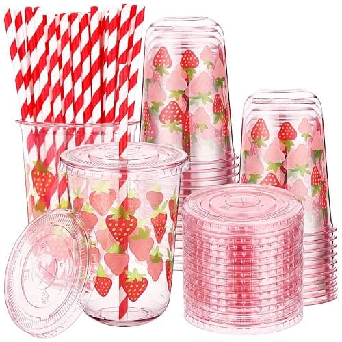 50 Pack 16 oz Strawberry Pet Tumblers with Lids & Straws for Cold Drinks | Cute pink disposable party cups for iced coffee, boba, smoothies, lemonade, juice, birthdays, picnics, weddings & BBQs - Image 1