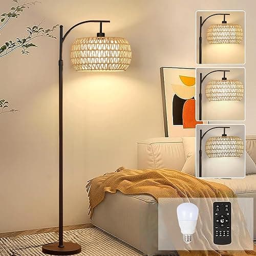 Arc Floor Lamps for Living Room Rattan Boho Floor Lamp with Remote Control,Dimmable LED Floor Lamp Wicker Lamp Shades Black Standing Lamp with 3 Color Temperature Tall Floor Lamps For Bedroom Corner - Image 1