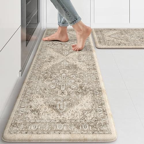 KIMODE Anti Fatigue Kitchen Mats 2 PCS 17"x47"+17"x29", Boho Kitchen Rugs and Mats, Non Slip Cushioned Kitchen Mats for Floor, Waterproof Kitchen Floor Mats for Laundry, Office, Sink, Khaki - 17.3" x 47"+17.3" x 29"--0.47 inches - Khaki/Multi - Image 1