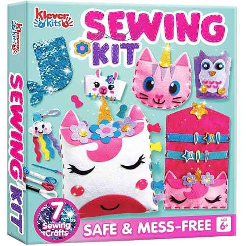 Klever Kits 7 Sewing Projects- My First Kids Sewing Kit- Easy DIY Arts and Crafts for Girls, Craft Kits, Birthday Gifts for Kids Aged 6+, Unicorn and Mermaid Pillow - Image 1