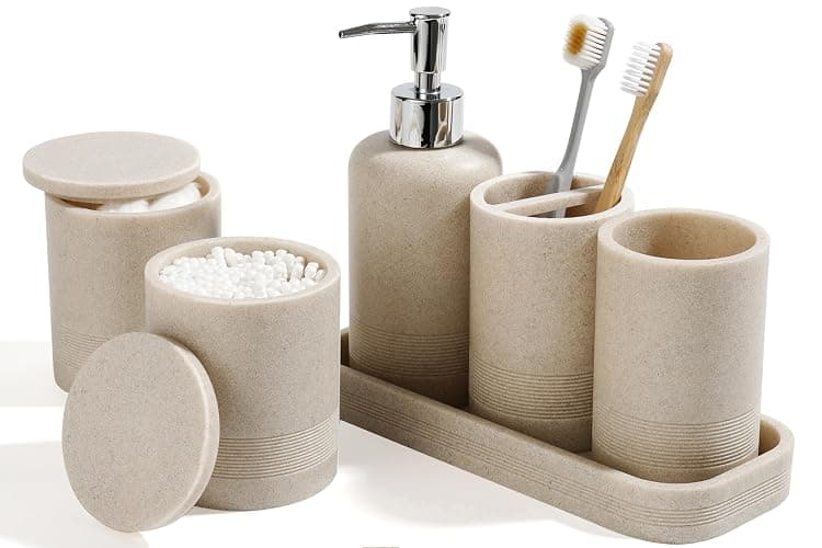 Bathroom Accessories Set, 6-Piece Bathroom Accessory Set, Toothbrush Holders Set, Soap Dispenser, Vanity Tray, Tumbler, Cotton Swab Jars, Bathroom Organizer for Modern Bathrooms(Beige) - Image 1