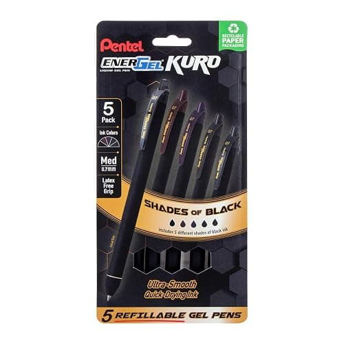 Pentel EnerGel Kuro Retractable Liquid Gel Pen, Shades of Black, 0.7mm tip, Assorted black ink, Pack of 5 pens (BL437PF5MA) - Image 1