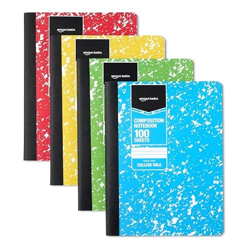 Amazon Basics Composition Notebook, College Ruled, 100 Sheets, 9.75" x 7.5", Assorted Marble Colors, 4-Pack - Image 1