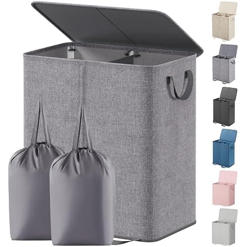 Lifewit Double Laundry Hamper with Lid and Removable Laundry Bags, Large Collapsible 2 Dividers Dirty Clothes Basket with Handles for Bedroom, Laundry Room, Closet, Bathroom, College, 136L Gray - Image 1