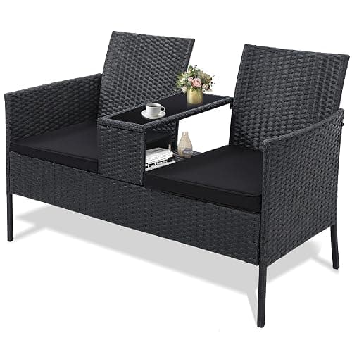 Kromax Wicker 2 Seat Patio Conversation Set, Outdoor Rattan Loveseat with Table, Washable Cushion Covers, Backyard, Garden, Lawn, Black Rattan with Black Cushion - Black Rattan With Black Cushion - Image 1