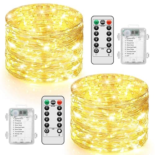 2 Pack 100 LED Fairy Lights Battery Operated with Timer & Remote, 33FT Waterproof Twinkle Lights Indoor Outdoor, Fairy String lights for Bedroom Classroom DIY Wedding Christmas Decorations, Warm White - Warm White - 66FT(33FT*2) - Image 1