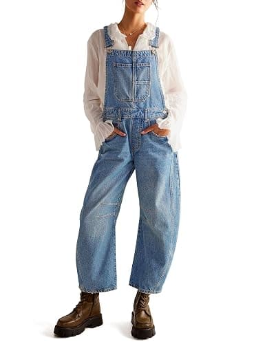 Qazel Vorrlon Denim Overalls for Women Barrel Wide Leg Bib Baggy Jeans Adjustable Denim Romper Stretch Jumpsuit Y2K Pants - Large - Light Blue - Image 1