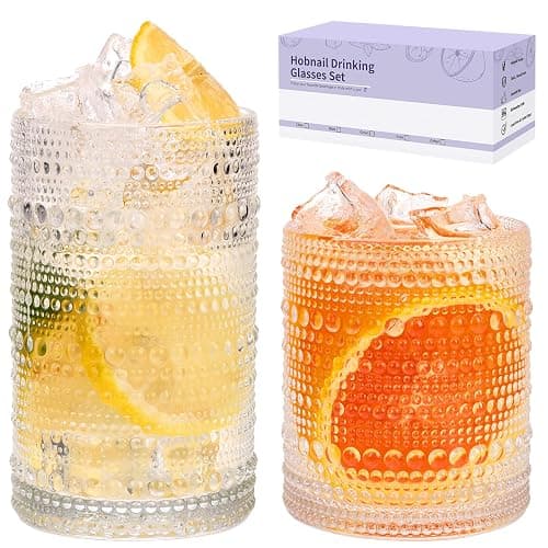 Moretoes Water Glass Cups Set of 2 Hobnail Drinking Glasses, Vintage Glassware 12 Oz Highball Glasses & 10 Oz Cocktail Glasses, Clear Embossed Tumbler Glassware Set for Whiskey, Beer, Juice, Milk - Image 1