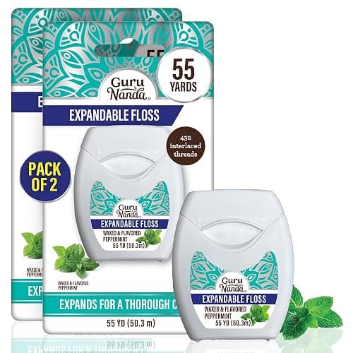 GuruNanda Expandable Waxed Dental Floss for Gentle, Deep Cleaning Wide Teeth Flossing - Peppermint Flavor - 55 Yards (Pack of 2) - Image 1