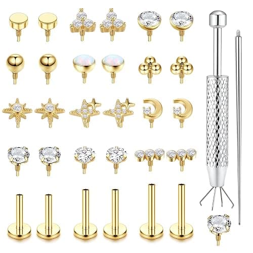 Drperfect 16G 18G Flat Back Stud Earrings for Women | Hypoallergenic Surgical Steel Internal Thread Stud Piercing Jewelry for Tragus Helix Cartilage Conch Nose Lip Medusa Piercing - Image 1
