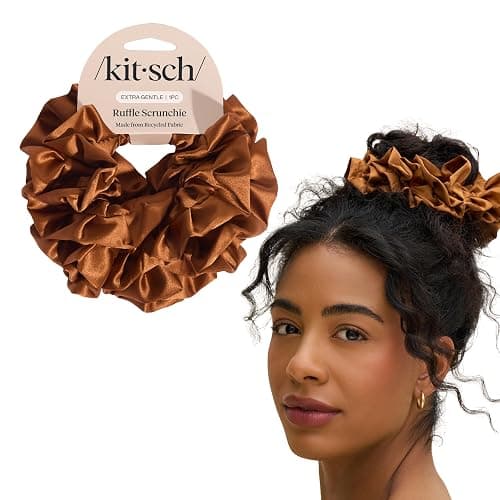 Kitsch Recycled Satin Ruffle Scrunchie – Gentle Hair Scrunchie for Women, Eco-Friendly Hair Tie No Damage, Stylish Ponytail Holder | Ideal Gifts for Women - Camel - Image 1