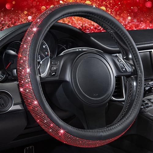 CAR PASS Red Diamond Black Leather Steering Wheel Cover, with Bling Crystal Rhinestones Universal Fit 14" 1/2-15" Crystal Glitter for Women Sparkle Girl Fit Suvs,Vans,Sedans,Cars,Trucks, Red Diamond - Image 1