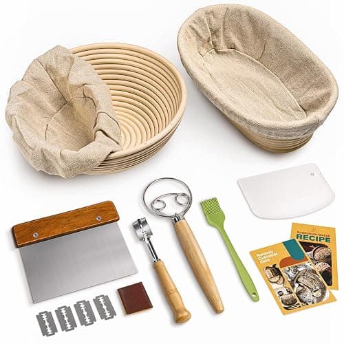 RORECAY Bread Banneton Proofing Basket Set, 9 Inch Round & 10 Inch Oval Cane Sourdough Baskets with Dough Whisk Bread Lame Dough Scraper Bowl Scraper Silicone Brush Sourdough Bread Baking Supplies - Image 1