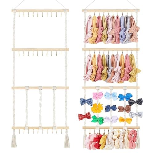 Dahey Headband Holder Bow Holder For Girls Hair Bows, Macrame Headbands Hair Accessories Hanger Necklace Display with 30 Hooks Wall Hanging Over Door Organizer For Baby'S Room - Image 1