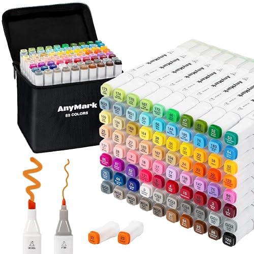 AnyMark Alcohol Markers, 80 Colors Dual Tip Art Coloring Markers Set for Kids Adult Book Drawing Sketching Painting, Chisel & Fine, White Penholder - Image 1