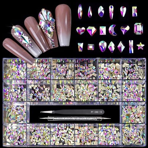 Yzzseven 20 Types of 1000 Crystal AB Diamonds Mix Flatback DIY Crafts Rhinestone Crystals 3D Decorations Flat Back Stones Set +Tweezers + Drill Pen - Image 1