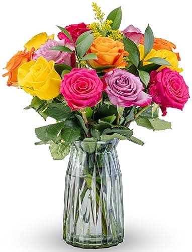 Benchmark Bouquets - Roses Bouquet - Fresh Flowers for Delivery - Real Flowers - One Dozen Long Stem Roses Assorted Colors - Gift Roses in a Box - Valentines Day for Her (Glass Vase Included) - Flores - Image 1