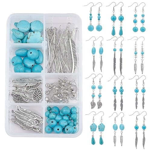 SUNNYCLUE 1 Box DIY 12 Pairs Turquoise Bead Dangle Earrings Making Kit Alloy Enamel Leaf Feather Pendants Charms with Eye Pin & Earring Hooks for DIY Earring Jewelery Making, Antique Silver - Image 1
