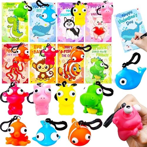 CAMIRUS 28PCS Valentines Day Cards with Popping Eyes Animal Squishy Fidget Toys, Cute Pop Out Eyes Squishies Keychains for School Classroom Valentines Exchange, Valentine Party Favors - Image 1