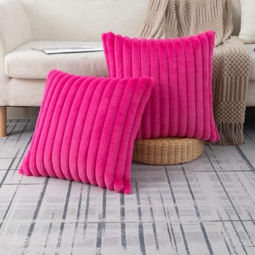 ZLINA Set of 2 Hot Pink Faux Fur Decorative Throw Pillow Covers Fluffy Striped Pillowcase Cushion Covers 18 x 18 Inch Decor Sofa Couch Bedroom - Hot Pink - 18" x 18" (Pack of 2) - Image 1