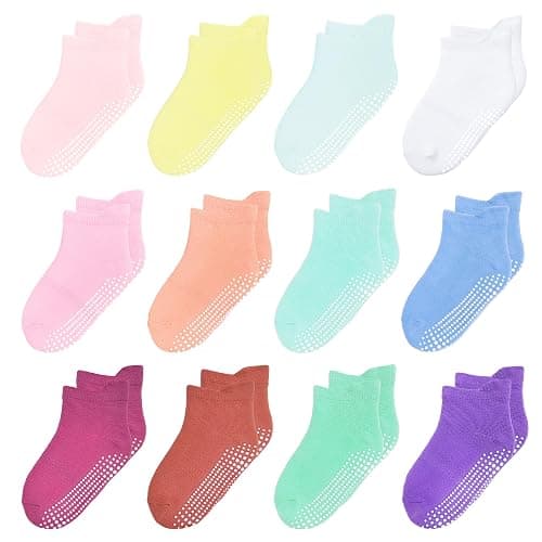 HYzgb 12 Pack Non Slip Kids Toddler Baby Socks with Grips 1-7 Years Boys Girls Cotton Ankle Socks Multi Colors - Image 1