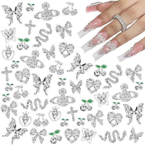 CUBLIVE 24PCS Nail Charms Y2k Alloy Nail Art Rhinestone Charms 3D Heart Bow Butterfly Charm with Rhinestones Cherry Nail Gems Shiny Jewelry Nail Decorations Accessories Supplies (SS) - Image 1