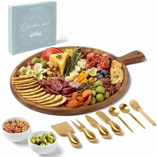 Grazerie Charcuterie Board Set - Round Acacia Cheese Board Serving Tray with Accessories - House Warming Gifts for New Home, Bridal Shower & Wedding Gift, Birthday Gifts for Women - Image 1