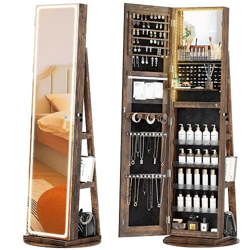 TJYGO Mirror Jewelry Cabinet Standing, Jewelry Armoire with Full-Length LED Mirror and Adjustable Lights, 360° Swivel Jewelry Organizer Storage, Rustic Brown - Image 1