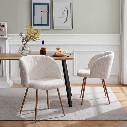 NORDICANA Accent Chairs Set of 2, Fuzzy Sherpa Dining Chairs with Barrel Back, Upholstered Faux Fur Armchairs with Wood Grain Color Metal Leg, Living Room Chairs (Off White) - Image 1