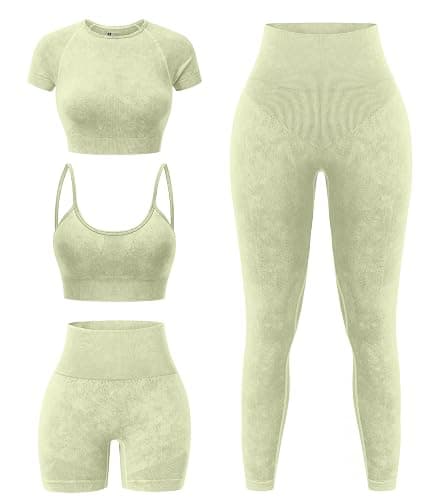 YOAKUKA Women's 4 Piece Workout Sets Seamless Acid Wash Tops Sports Bra High Waist Shorts Leggings Active Set - Image 1