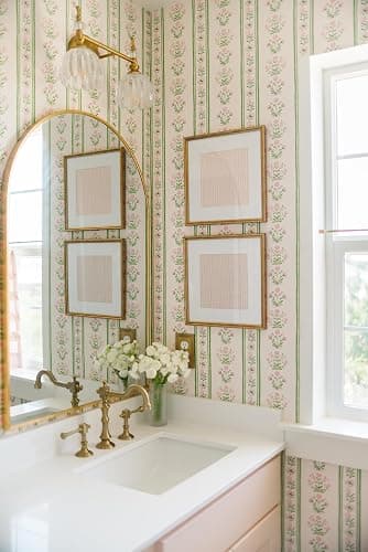 RollsRolla Green Stripe Peel and Stick Wallpaper Featuring Pink Floral, Vintage Farmhouse Inspired Renter Friendly Wallpaper, Cute and Whimsical Style for Girls Room, Bathroom, Laundry Room - Image 1