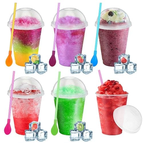 Ninehaoou 6 Set Slushie Cups with Dome Lids and Straws Detachable Spoon Straws Reusable Plastic Iced Coffee Cups Smoothie Tumbler for Birthdays Summer Party Supplies(Transparent White,16 oz) - Image 1