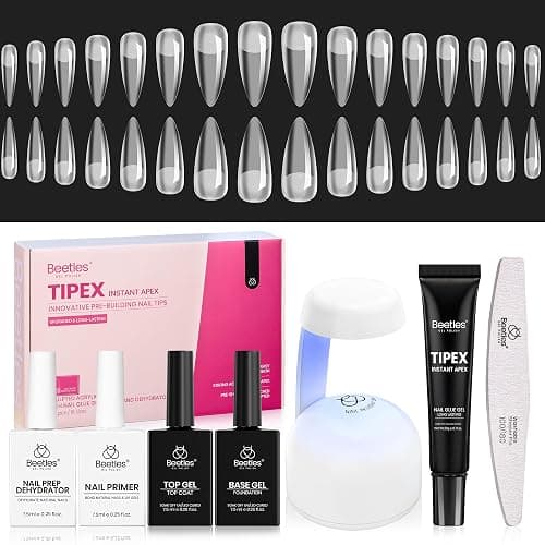 Beetles Tipex Instant Apex Nail Tips Kit, Long Stiletto, 224pcs 16 Sizes | With Dehydrator & Primer, Thicker, Reinforced Apex for Long-Lasting Wear, 20g Solid Nail Glue, Mini UV Lamp, Base & Top Coat - Image 1