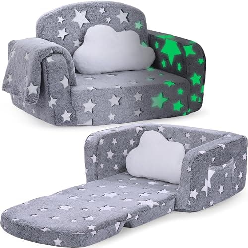 Kids Couch, 2-in-1 Soft Toddler Couch Fold Out with with Blanket and Cloud Pillow, Glow in The Dark, Toddler Chair Comfy, Convertible Sofa to Lounger, Gifts for Kids Girl Boys, Medium Grey Star - Image 1
