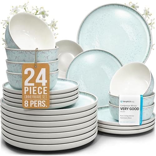 24 Piece Dinnerware Sets for 8 - Modern Style Stoneware Dinnerware Set - Microwave Safe Dinner Plates and Bowls Sets for 8, Ceramic Dish Set, Bowl and Plate Sets for 8, Beige Light Blue Set for 8… - Set (24pcs) - light / beige-blue - Image 1