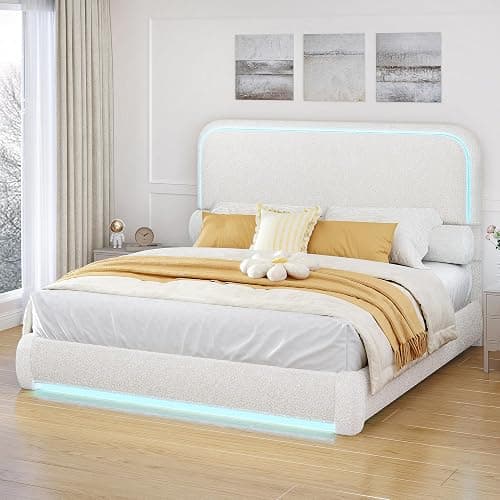 Torana Queen Marshmallow Bed Frame with Headboard and Footboard, Curved Shaped Cloud Upholstered Beds with LED Lights, Teddy Fleece Bedframe with Soft Rounded Corners and Strong Slats Support, Cream - Image 1