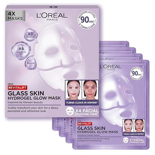 L'Oreal Paris Glass Skin Korean Face Mask 4 Pcs, Revitalift Filler Hydrogel Glow Mask, Korean Inspired Skincare, Visibly Transform Skin, Dewy, Plumped and Refreshed Look - Image 1
