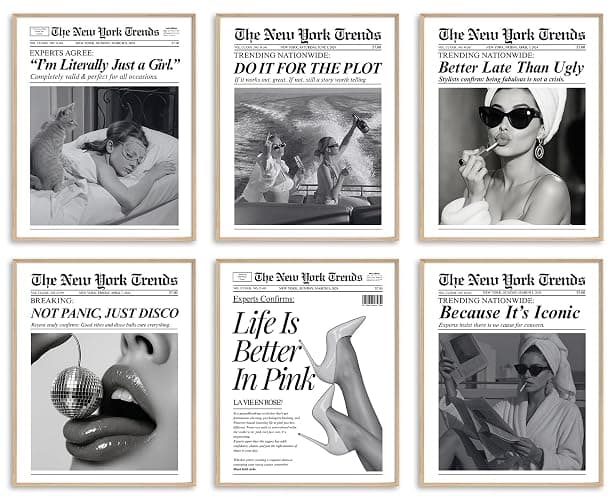 uniro Trendy Newspaper Wall Art Prints, Vintage Black & White Newspaper Wall Decor Aesthetic Pictures, Retro Girly Dorm Room Decor, Funky Bathroom Wall Decor Disco Poster for Teen Girl Bedroom Apartment, Bar Cart decor - Unframed - Image 1