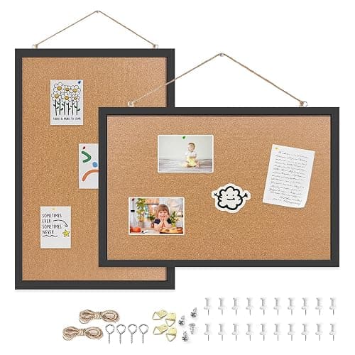 Yunihome Cork Bulletin Board, 13''x18''-2pack Hanging Cork Board Wooden Framed with Pins for Wall, Dorm Room, Office, Home Decor – Natural Cork & Black Frame - Image 1