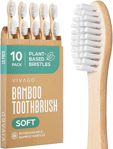 VIVAGO Bamboo Toothbrushes 10 Pack – Natural Toothbrushes, Plant-Based Soft Bristles – Eco-Friendly Wooden Toothbrush - Image 1