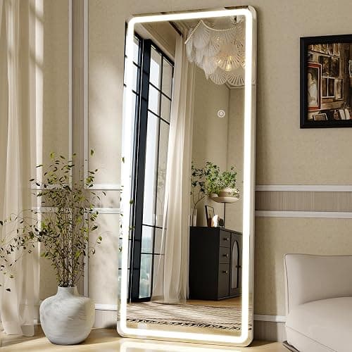 ZENOMIRRIS LED Full Length Mirror with Lights - 71"x26"Floor Standing Mirror with Rounded Corner Dimmable 3 Color Lighting, Aluminum Frame,Leaning Hanging for Bedroom Cloakroom, White - Image 1