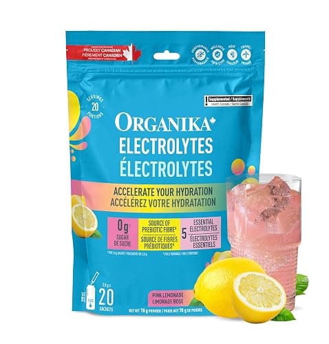 Organika Canadian-Made Electrolytes Powder- Pink Lemonade Sachets- On the Go Sugar Free Hydration and Electrolyte Replenishment with Prebiotics and Vitamin C 3.5g x 20ct - Image 1