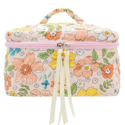 PAZIMIIK Quilted Makeup Bag Large Travel Zipper Soft Cosmetic Case for Women Girls Make Up,Floral Orange - Image 1