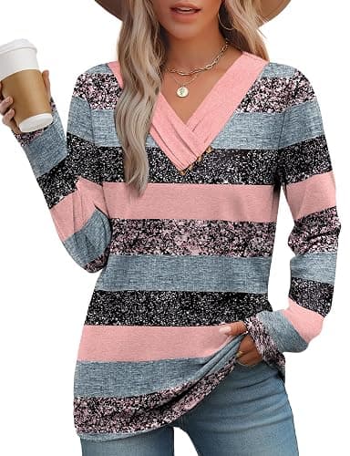WIHOLL Long Sleeve Shirts for Women Fall Outfits V Neck T Shirts Button Down Tunic Tops Fashion Clothing - Image 1